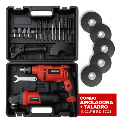 Kit Amoladora Angular 820w + Taladro 650w Kommberg con 5 discos de corte