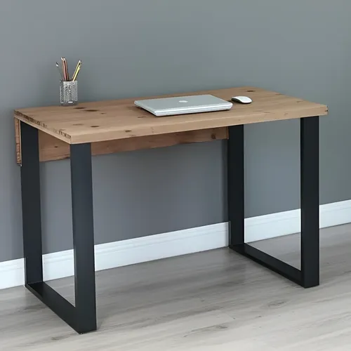 Escritorio Moderno Chico Para Oficina Con Patas Rectangulares Color Negro Y Tapa Color Cedro