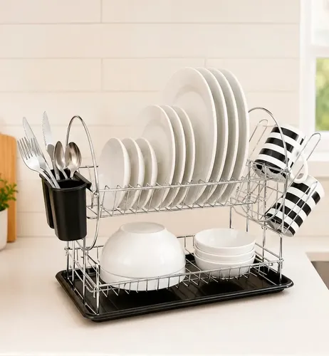Escurridor Secaplatos Hogar Actual Acero Cromado 2 Niveles Organizador Cocina Con Cubiertero Bandeja Color Negro