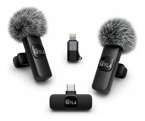 Micrófono Inalámbrico Corbatero X2 Para Celular Corp Skyla - Cubreviento Receptor Usb-c Y Adaptador Lightning Color Negro