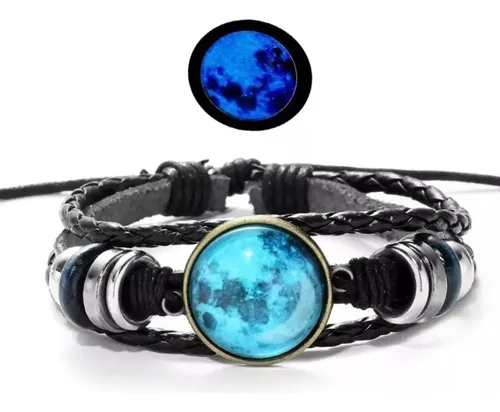 Pulsera Cuero Luna Brilla En La Oscuridad Hombre Mujer